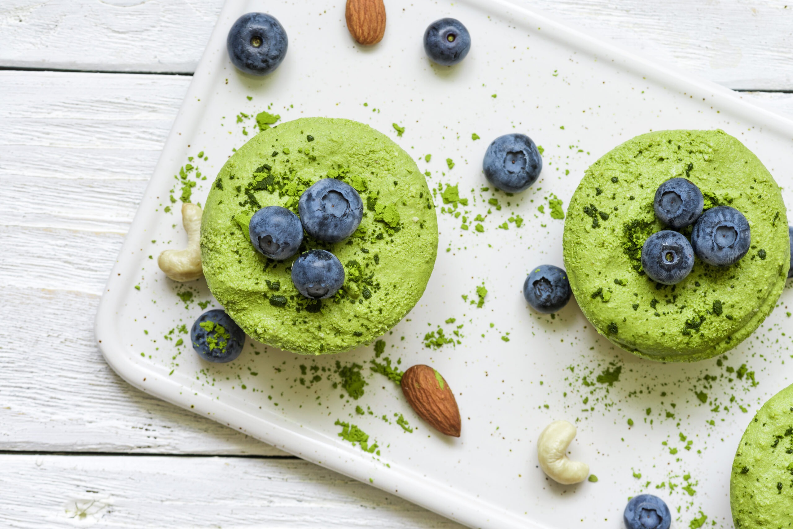 gluten free diet food-green matcha cakes with blueberries- a gluten free diet may help back pain
