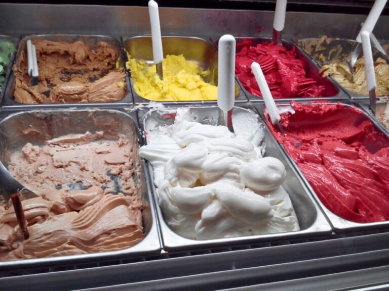 Grom 100 percent gluten free gelateria. Gelatos of all colors on display