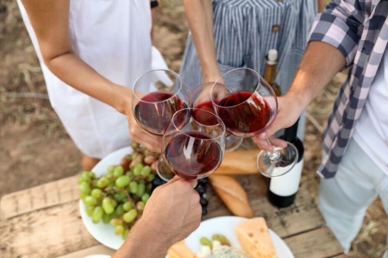 dry farm wine is all the rage. Dry farm wines in this image of friends clinking glasses of wine over a picnic table