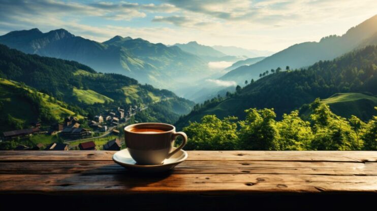 A cup of bulletproof coffee sitting on a wood plank wtih a beautiful mountain scenery in the background