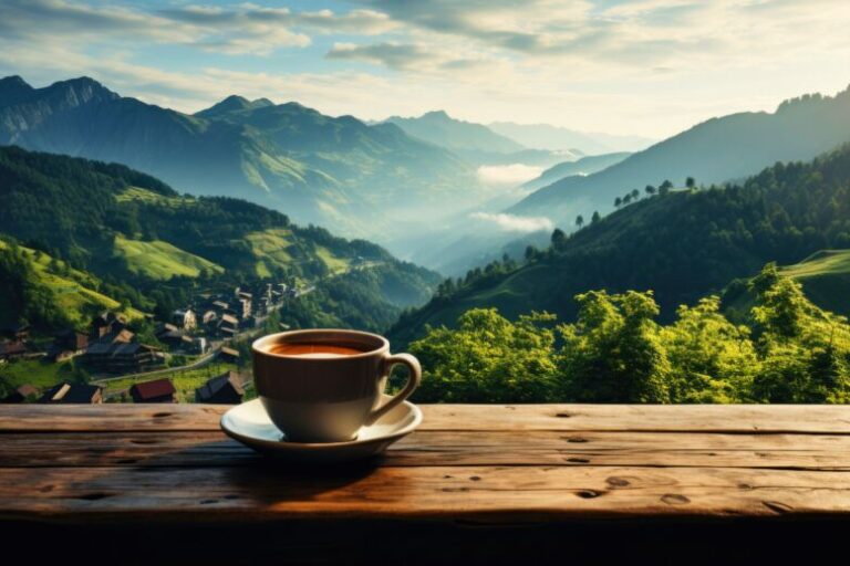 A cup of bulletproof coffee sitting on a wood plank wtih a beautiful mountain scenery in the background