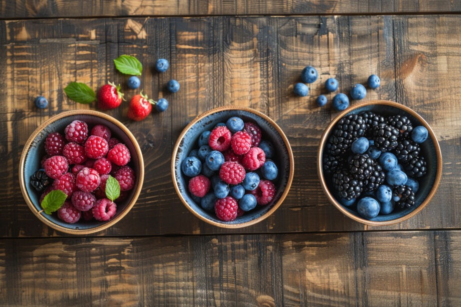bowls of raspberries blueberries and blackberries all of which are on a low histamine diet