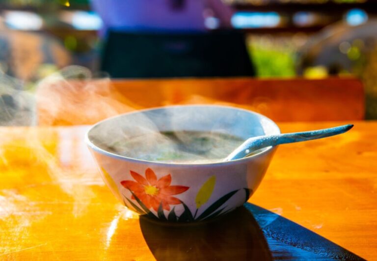 Fasting mimicking diet soup in a flower bowl