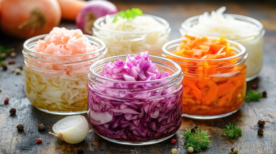 fermented foods in glass containers, there are onions, carrots and sauerkraut