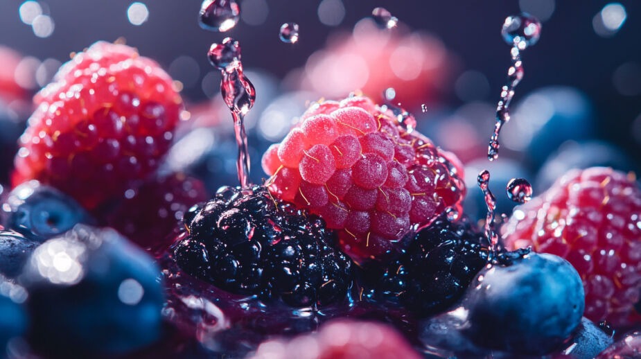 Falling drops of water on fresh berries. Blueberries, raspberries and blackberries all of which are on a low histamine diet